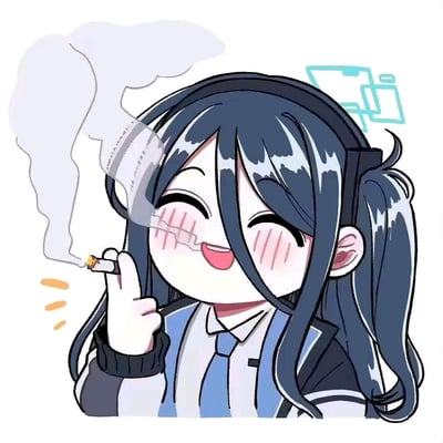 这是游戏《蔚蓝档案》里的角色天童爱丽丝的Q版二创表情包，原本是严谨认真的黑客少女形象，在这张图里变成了闭着眼睛、满脸红晕、开心大笑的样子，还用比“V”的手势夹着一支点燃的烟，烟正冒着烟雾，和原作形象形成强烈反差，风格搞怪有趣，常用来表达放松、摆烂或者爽到的情绪。