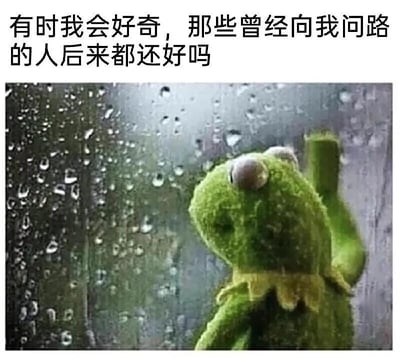 图片上方有文字：'有时我会好奇，那些曾经向我问路的人后来都还好吗'。下方是布偶秀角色克米特蛙，它是绿色的毛绒形象，戴着黄色领结，正站在布满雨滴的窗户前，侧身望向窗外，一只手微微举起，表情显得沉思且略带忧伤。整体营造出一种对过往偶遇之人的温柔好奇与淡淡怀旧的氛围。