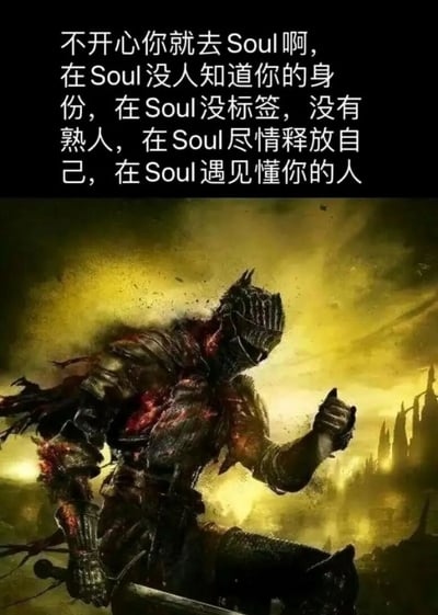 这是一张网友制作的玩梗图文混排图，画面上方是社交APP Soul的宣传文案，内容为“不开心你就去Soul啊，在Soul没人知道你的身份，在Soul没标签，没有熟人，在Soul尽情释放自己，在Soul遇见懂你的人”，主打“无社交压力、释放自我、找到同好”的平台卖点；画面下方是FromSoftware旗下魂类游戏《黑暗之魂3》的主角灰烬骑士，骑士铠甲破损、满身血迹，单膝跪地，左手竖起大拇指，背景是游戏中洛斯里克城的黄昏场景。这张图将黑魂玩家在硬核游戏中孤独受苦、渴望找到同好的情绪，与Soul的平台卖点结合，用灰烬骑士的点赞动作表达对“在Soul找到懂自己的人”的认同，精准戳中游戏玩家群体的共鸣点，形成兼具搞笑与共情的玩梗效果。