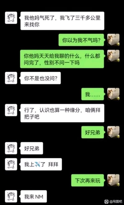 这是一段充满戏剧性的搞笑网友奔现聊天记录截图。一方跨越三千多公里奔现，见面后才发现两人在长期的线上聊天中，居然都没有询问过对方的性别，双方都因此感到气愤又尴尬。随后气氛一转，两人决定将错就错，拜把子成为好兄弟，最后一方道别时，另一方顺口说“下次再来玩”，直接让对方崩溃吐槽，整个对话从气愤到无奈再到搞笑，充满了反差感和笑点，是典型的奔现翻车名场面。