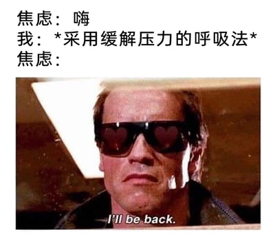 这是一张用来调侃焦虑情绪顽固性的图文混排梗图。图中上方用文字模拟了一段与焦虑的互动：焦虑先以一句“嗨”出现，“我”试图用缓解压力的呼吸法驱赶焦虑，下方则配上了科幻电影《终结者》里T-800的经典截图，截图中的台词‘I'll be back.’（我会回来的），用来表现焦虑不会被简单的方法彻底赶走，很快就会再次出现的状态，精准地共鸣了人们被焦虑反复困扰的真实情绪。