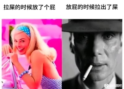 这是一张左右分栏的对比梗图，左侧采用电影《芭比》中梦幻甜美的画面，芭比笑容灿烂、神态轻松，上方配文“拉屎的时候放了个屁”，对应这种小意外带来的无负担、轻松的情绪；右侧采用电影《奥本海默》中严肃压抑的黑白色调画面，奥本海默神情凝重、满脸愁容，嘴叼香烟，上方配文“放屁的时候拉出了屎”，对应这种意外带来的窘迫、焦虑的情绪。图中通过两部风格完全相反的热门电影的角色画面，生动调侃了两种类似但结果不同的小意外所带来的天差地别的心态反差，制造出强烈的搞笑效果。