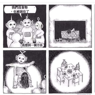 这是一组四格黑白漫画，将经典儿童角色天线宝宝进行了黑暗风格改编。第一格中三个天线宝宝围在一起，表情担忧地说："我们没食物，也被困住了"；第二格展示他们被困的环境，窗外是一堵石墙；第三格特写一个天线宝宝抓住了一个长发人物；第四格则是三个天线宝宝围坐在餐桌旁享用食物的诡异场景。整个漫画通过可爱角色与恐怖情节的强烈反差制造黑色幽默效果。