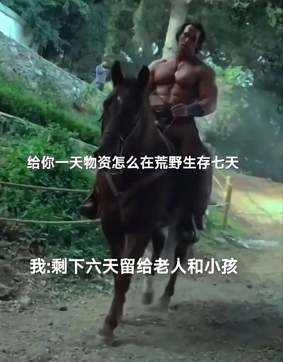 这张梗图展示了一位肌肉男骑着马在荒野中奔驰的场景，配上两行文字对话：第一行是提问'给你一天物资怎么在荒野生存七天'，第二行是回答'剩下六天留给老人和小孩'。通过这种幽默的回答方式，表达了一种调侃式的应对荒野生存问题的态度，引发观者发笑。