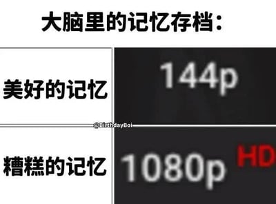 这是一张四格对比梗图，以“大脑记忆存档质量”为主题。顶部标题为“大脑里的记忆存档：”，下方分为上下两行左右两列共四个板块：左上板块白色背景配黑色文字“美好的记忆”，右上板块黑色背景显示模糊的“144p”（象征低清晰度）；左下板块白色背景配黑色文字“糟糕的记忆”，右下板块黑色背景显示清晰的“1080p HD”（象征高清晰度）。通过视频分辨率的强烈对比，幽默地表现了人们往往对美好记忆印象模糊，对糟糕记忆却异常清晰的普遍心理现象，引发共鸣。