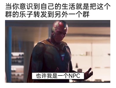 这是一张网友改编的梗图，顶部配有文字“当你意识到自己的生活就是把这个群的乐子转发到另外一个群”，图中是漫威系列中的角色幻视，他双手摊开，神情怅惘低落，底部配文“也许我是一个NPC”。该图借用游戏里NPC（非玩家角色，通常执行重复固定的任务）的概念，调侃自己在多个群聊中只是机械搬运乐子的“工具人”，将这种重复单调的日常类比为NPC的固定程序，表达了对这种生活状态的自我调侃与无奈，容易引发有类似群聊经历的人的共鸣。