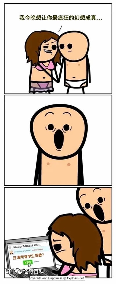 这是一组三格竖版连环卡通漫画：第一格中穿着清凉的女性贴近只穿内裤的男性，笑着对他说“我今晚想让你最疯狂的幻想成真...”，男性露出惊讶期待的神情；第二格是男性的特写，他嘴巴大张，表情极度震惊兴奋，似乎在期待浪漫的亲密场景；第三格中女性坐在电脑前，表情严肃地操作着笔记本，屏幕显示student-loans.com的页面，上面写着“还清所有学生贷款？”，女性正点击绿色的“YES”按钮，男性在她身后看到这一幕，露出和之前一样的震惊表情。漫画用反差感制造笑点，调侃了学生贷款给人们带来的巨大压力，对很多人来说，还清贷款比亲密的浪漫幻想更像“疯狂的美梦”。