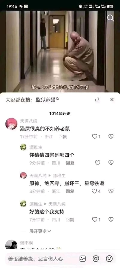 这是一张竖屏的社交媒体短视频评论区截图，上方是视频片段，展示了一名光头男子蹲在类似监狱的走廊墙角，配文为“都是上天派来陪伴我们的天使”，推测视频内容与监狱养猫相关。下方是该视频的评论区，用户“天满八纯”留言“猫屎很臭的不如养老老鼠”，用户“源稚生”询问“你猜猜四害是哪四个”，“天满八纯”回复将米哈游旗下的四款游戏《原神》《绝区零》《崩坏三》《星穹铁道》列为“四害”，随后“源稚生”表示支持，这段对话是玩家圈的玩梗，调侃这类需要投入大量时间精力的游戏。