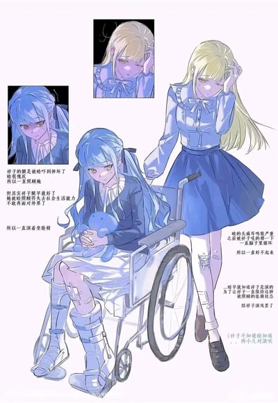 这是一幅原创二次元叙事漫画，讲述了女孩祥子与睦之间扭曲的依存关系：祥子因被睦的愧疚式照顾失去社会生活能力，假装腿伤未愈继续坐轮椅；而睦因曾被祥子吼过，一直受头痛耳鸣困扰，却早已看穿祥子的伪装，为了维持祥子的依赖状态，陪她一起演戏。两人互相隐瞒，维持着病态的相处模式。