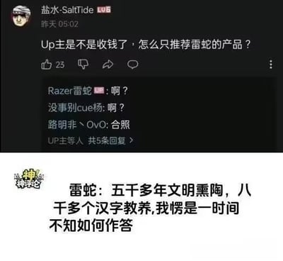 整张图分为上下两部分，上半部分是B站平台的评论区截图，用户“盐水-SaltTide”发布评论质疑UP主是不是收了好处费才只推荐雷蛇的产品，该评论下方雷蛇官方账号直接回复了一个表示疑惑的“啊？”，后续还有其他网友的调侃回复；下半部分是梗图配文，搭配“神评论”标识，玩梗调侃雷蛇官方面对这一离谱质疑的反应：作为品牌官方账号自己推广自家产品，却被网友误以为是收了自家的钱，逻辑荒谬到雷蛇即便有深厚的文化素养也一时不知道怎么回应，反差感十足笑点突出。
