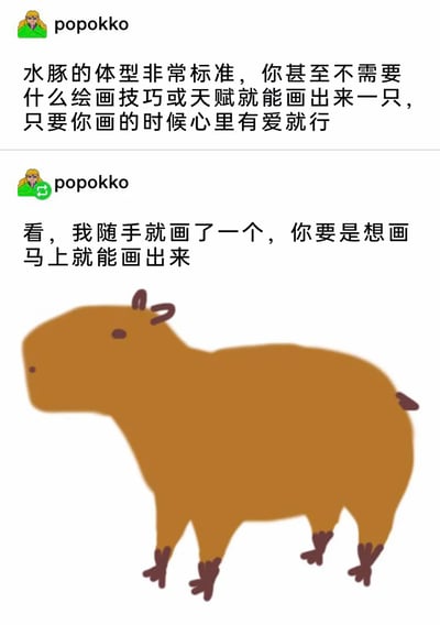 这是一组来自社交平台的趣味图文内容，用户popokko先是分享创作心得，表示水豚的体型规整，不需要专业绘画技巧与天赋，只要带着心意就能轻松画出；紧接着展示了自己随手绘制的简易水豚，该手绘水豚以棕色椭圆形作为身体主体，搭配极简的四肢、耳朵、眼睛和鼻子，画风随性简约，以此向大家证明画水豚的门槛极低，任何人都可以快速完成创作。
