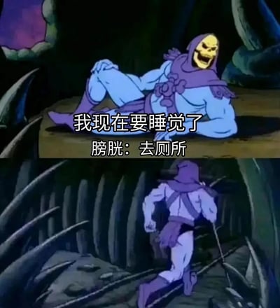 这是一张由经典动画截图改编的搞笑梗图，分为上下两个部分。上半部分中，《宇宙的巨人希曼》里的骷髅王惬意地侧身躺卧，配文“我现在要睡觉了”，紧接着标注“膀胱：去厕所”；下半部分则是骷髅王立刻起身、快步奔跑的画面，生动还原了很多人睡前明明十分困倦，却被尿意催促不得不起身去厕所的真实日常，用夸张的动画角色行为调侃了这种无奈又普遍的生活场景，引发共鸣。