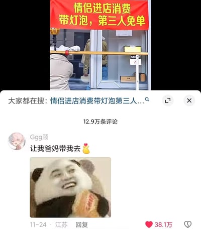 这是一张抖音平台的评论区截图，上方是商家推出的营销活动：「情侣进店消费，带灯泡，第三人免单」，这里的「灯泡」谐音「电灯泡」，指情侣约会时同行的第三人，是玩了谐音梗的营销噱头。下方是用户「Ggg顾」的高赞评论，内容为「让我爸妈带我去」，并搭配了一个握拳坏笑的熊猫头表情包，巧妙利用自己作为父母孩子的身份，成为「电灯泡」来蹭免单优惠，精准抓住活动漏洞，脑洞清奇又搞笑，获得了38.1万点赞。