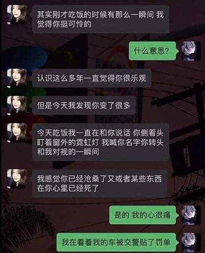 这是一张竖屏的聊天记录截图，呈现了一段充满反差感的搞笑对话：朋友A先以感性的语气感慨，说吃饭时觉得朋友B很可怜，认识多年一直觉得对方乐观，今天却发现对方变得沧桑，仿佛心里有些东西死去了，原因是吃饭时朋友B一直盯着窗外霓虹灯，转头时状态不对；朋友B先疑惑询问，接着回应“是的 我的心很痛”，最后揭晓真相是自己在看着车被交警贴了罚单，将朋友A的感性感慨瞬间拉回到现实的破财烦恼中，制造出强烈的搞笑反差效果。