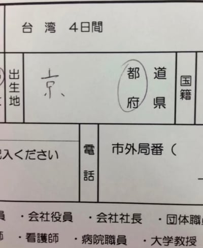 这是一张日文申请表格的局部翻拍图，表格顶部标注有“台湾 4日間”，推测为赴相关地区4天行程的申请文件。出生地栏手写了“京”字，旁边都道府县选项里的“都”“府”被共同圈出，将“京”“都”“府”三字结合后玩谐音梗，搭配标题“看懂的这辈子有了”，暗含有好彩头、求财的寓意。表格下方还可见电话栏以及各类日文职业选项。