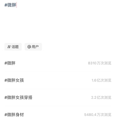图片展示了社交媒体平台的话题搜索界面，顶部搜索框中输入了“#微胖”，下方显示“#话题”和“@用户”两个功能按钮。接着列出了四个相关话题及对应的浏览量：#微胖（8310万次浏览）、#微胖女孩（1.6亿次浏览）、#微胖女孩穿搭（2.2亿次浏览）、#微胖身材（5480.4万次浏览）。整体界面简洁，以白色为背景，突出话题标签和数据信息，反映了“微胖”相关内容在该平台的热度。