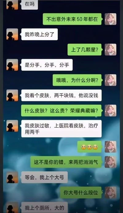 这是一张社交软件聊天记录截图，共展示了两位用户的多轮对话：左侧发白色气泡的用户首先告知右侧发绿色气泡的用户自己昨晚“上分了”，沉迷游戏的右侧用户误以为是游戏段位提升，询问上了几颗星，才得知对方说的是分手；后续左侧用户说明分手原因是自己过敏去医院看皮肤需要两千元治疗费，男友表示没钱，右侧用户又误以为是要购买售价昂贵的游戏皮肤，询问是不是荣耀典藏级别的皮肤；最后左侧用户表示自己要“上个大号”，右侧用户再次误解为要登录游戏的大号账号，询问对方大号段位，最后才知道对方说的是要去上大厕所。全程右侧用户的多次误解笑点密集，生动展现了重度游戏爱好者会下意识将所有话题往游戏相关内容联想的特点。