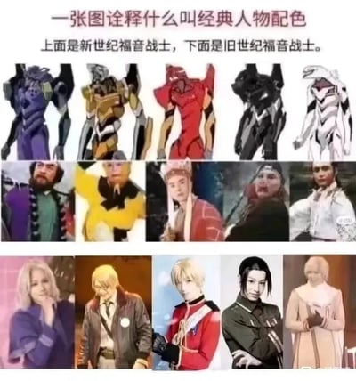 这是一张由三行图片拼接而成的趣味对比图，顶部配有文字“一张图诠释什么叫经典人物配色 上面是新世纪福音战士，下面是旧世纪福音战士。”，其中“旧世纪福音战士”是玩梗的调侃说法，实际指国产经典电视剧《西游记》。第一行是日本经典动画《新世纪福音战士》中的五台EVA机甲，从左到右依次为初号机、零号机、二号机、三号机、量产机；第二行是86版《西游记》中的五位角色，从左到右分别是牛魔王、黄袍怪、红孩儿、黑熊精、白龙马的人形化身，这些角色的服饰配色和第一行的EVA机甲一一对应；第三行是一组cosplay形象，其服饰配色同样和前两行的机甲、角色对应，通过这种跨作品的配色对应，制造出“《西游记》是旧世纪福音战士”的趣味梗，让ACGN爱好者和经典影视观众都能get到笑点。