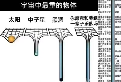 这是一张二次创作的拼贴梗图，左侧用相对论的时空弯曲示意图，依次展示太阳、中子星、黑洞对时空的弯曲程度，表现它们的重量/引力大小，最后一项是文案「你愿意和我组一辈子乐队吗」，将这句话的“分量”夸张成比黑洞还强的「宇宙最重物体」，用物理概念类比抽象的情感重量，制造搞笑反差。右侧拼接了一段出自动漫《吹响！上低音号》的长段道歉文本，是角色为擅自演奏曲目向名为“小祥”的对象道歉的内容，整体是将严肃的物理科普、动漫剧情和玩梗文案结合的趣味拼贴图。