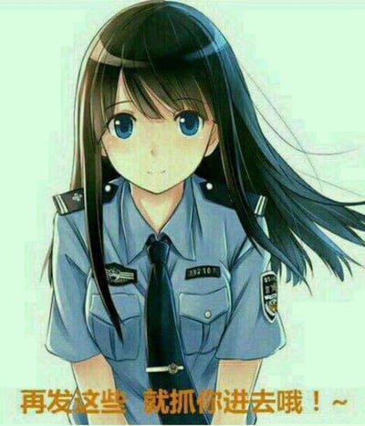 一张动漫风格的表情包，展示了一位穿着蓝色警服的长发女孩。她有着明亮的蓝色眼睛和飘逸的黑色长发，面带微笑看着前方。图片底部有橙色文字："再发这些 就抓你进去哦！~"，营造出一种俏皮又带点警告的氛围。