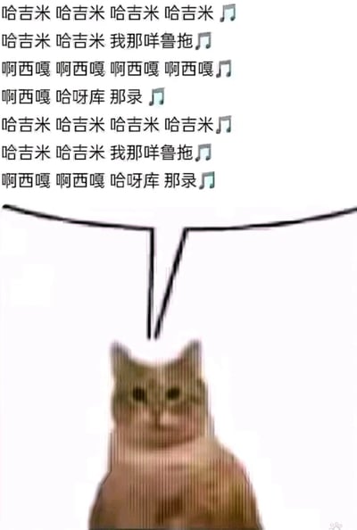 这是一张图文混排的搞笑表情包，上方是带有音符的魔性音译歌词：“哈吉米 哈吉米 哈吉米 哈吉米🎵
哈吉米 哈吉米 我那咩鲁拖🎵
啊西嘎 啊西嘎 啊西嘎 啊西嘎🎵
啊西嘎 哈呀库 那录🎵
哈吉米 哈吉米 哈吉米 哈吉米🎵
哈吉米 哈吉米 我那咩鲁拖🎵
啊西嘎 啊西嘎 哈呀库 那录🎵”，下方是一个经过扭曲模糊处理的猫咪形象，猫咪上方画有类似喇叭的V型线条，模拟猫咪正在演唱这段魔性歌词的场景，整体风格洗脑搞笑，契合网络上“哈吉米”相关热梗的传播氛围。