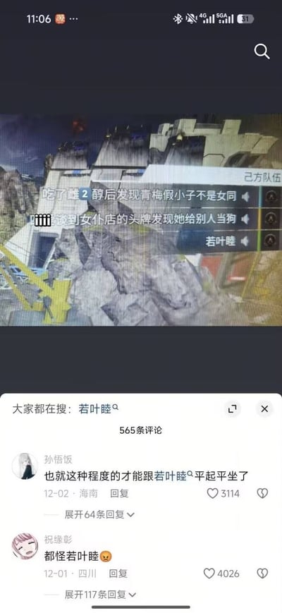 这张竖屏手机截图分为上下两个部分，上半部分是射击类游戏《APEX英雄》的对局内己方队伍玩家ID展示界面，其中两名玩家的ID内容十分夸张猎奇，分别为“吃了雌2醇后发现青梅假小子不是女同”和“谈到女仆店的头牌发现她给别人当狗”，第三名玩家的ID为“若叶睦”；下半部分是该内容的社交平台评论区，显示大家都在搜关键词“若叶睦”，共有565条评论，热门第一条为用户“孙悟饭”发布的评论“也就这种程度的才能跟若叶睦平起平坐了”，收获3114个点赞，第二条热门评论为用户“祝缘影”发布的“都怪若叶睦😣”，收获4026个点赞，整体是网友借夸张的游戏ID玩梗调侃二次元角色若叶睦的搞笑内容。