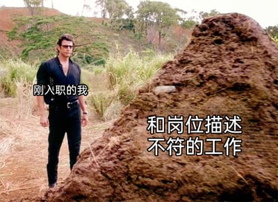 这张梗图改编自影视场景，画面呈现的是户外土坡环境，左侧是身着黑色服装、戴着墨镜的男士，他被标注为“刚入职的我”，神情凝重，站在原地注视着前方；右侧是体积庞大的土堆，被标注为“和岗位描述不符的工作”。通过将职场新人与远超预期的、和岗位描述不符的工作具象化为人物与巨大土堆的对比，生动且夸张地表现出职场新人刚入职时，发现实际工作内容和招聘时的岗位描述差距极大，面对陌生、繁重且不符合预期的工作时的错愕、无奈与手足无措，精准戳中了职场中“工作货不对板”的普遍痛点，引发职场群体的共鸣。