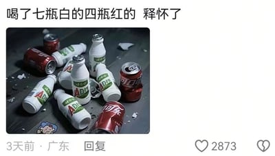 这是一张图文混排的搞笑梗图，顶部配文为“喝了七瓶白的四瓶红的 释怀了”，下方实拍图里深色桌面上散落着7瓶白色瓶身的娃哈哈AD钙奶、4罐红色罐身的可口可乐，桌面还有碎屑，图下方标注有该内容3天前发布于广东、获赞2873的社交平台交互信息。该内容玩了语义反差梗，大众认知里“白的、红的”通常指代白酒、红酒，常出现在借酒消愁后释怀的场景，此处替换为普通饮料，制造出一本正经夸张玩梗的搞笑效果。