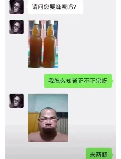 这是一段流传于网络的搞笑聊天记录截图，内容为卖家向买家推销自制蜂蜜，买家质疑蜂蜜的正宗性，卖家随即发送了一张脸部被蜜蜂蛰得严重肿胀、五官扭曲的人物照片，用这种硬核的侧面方式证明蜂蜜是正宗的，买家见状立刻表示要购买两瓶。整个对话通过强烈的反差制造出搞笑效果，是典型的网络趣味段子，利用被蛰肿的脸暗示卖家确实接触了蜜蜂，以此打消买家对蜂蜜正宗性的顾虑。