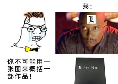 这是一张采用多图拼接+图文混排形式的搞笑梗图，整体分为三个区域：左侧是一个戴着眼镜、系着黄黑领结的卡通人物，他泪流满面、咬牙皱眉，情绪激动地喊出“你不可能用一张图来概括一部作品！”；右上角标注为“我”的区域，是一张经过P图修改的真人脸部图像，额头被添加上了日本动漫《死亡笔记》中天才侦探L的专属标志；右下角则是《死亡笔记》的核心道具——印有“DEATH NOTE”字样的黑色笔记本。这张图通过精准选取《死亡笔记》的两个核心符号，巧妙地完成了“一张图概括一部作品”的挑战，用幽默的反差感回应了左侧的质疑，精准戳中动漫爱好者的笑点。