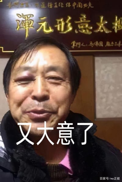 图片中是马保国本人，面部有明显淤青，背景是写有'浑元形意太极'的牌匾。图片中央叠加了白色文字'又大意了'，呼应其著名网络梗'大意了没有闪'。