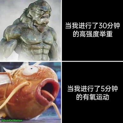 这是一张上下分栏的对比梗图，用两种拟人化的鱼类形象，夸张地调侃不同健身项目给人带来的身体感受差异。上方是拥有健硕肌肉、表情凶狠的鱼人形象，搭配文字“当我进行了30分钟的高强度举重”，展现出完成力量训练后充满力量感的状态；下方是眼睛翻白、大张着嘴、神态呆滞虚脱的鱼形象，搭配文字“当我进行了5分钟的有氧运动”，生动还原了很多人做完短时间有氧运动后就疲惫不堪、快要虚脱的真实体验，精准戳中健身爱好者的共鸣，十分搞笑。