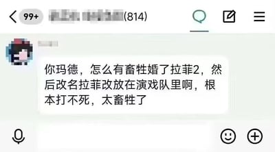 这是一张聊天记录截图，显示了一位游戏玩家在群聊中抱怨游戏角色"拉菲2"（后改名"拉菲改"）过于强大，称其"根本打不死"，并使用了粗俗语言表达不满。界面显示有99+未读消息，群聊中有814条消息记录。