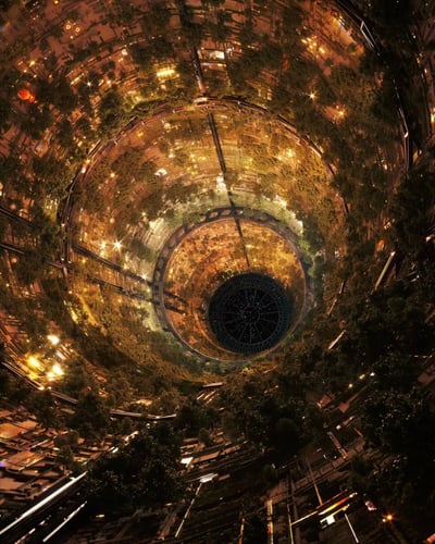 这是一张极具未来感的环形城市夜景图，展示了一个巨大的同心圆结构城市。从中心向外辐射出多层环形区域，每层都布满了密集的建筑和灯光。城市中点缀着大量绿色植被，形成了科技与自然融合的景象。中央区域是一个深色的圆形结构，周围环绕着明亮的灯光带，向外延伸的环形区域灯光逐渐变得更加密集和多样化。整个画面呈现出温暖的金黄色调，营造出一种繁华而神秘的未来都市氛围。
