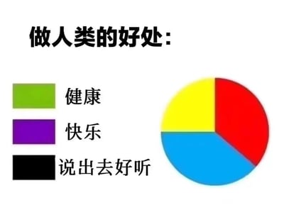 这是一张幽默梗图，标题为“做人类的好处：”。左侧用三个彩色方块分别标注了“健康”（绿色）、“快乐”（紫色）和“说出去好听”（黑色）三项内容。右侧配有一个三色饼图，其中红色部分占比最大，黄色和蓝色部分较小，通过视觉比例暗示“说出去好听”才是所谓“好处”中最主要的一项，形成对“人类好处”的戏谑式解构，带有明显的讽刺和搞笑意味。