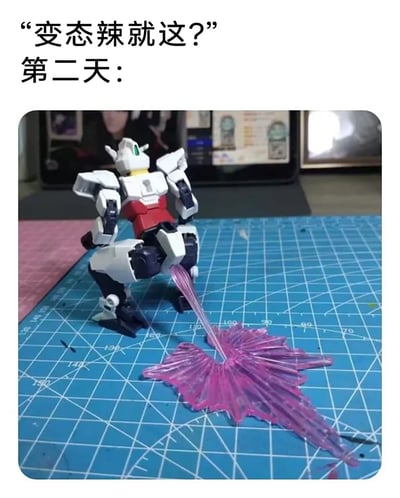 这是一张充满趣味的整活梗图，上方配文“‘变态辣就这？’第二天：”，先展现出有人嘴硬挑战变态辣时的嚣张态度，下方则是一个高达拼装模型，被摆出下蹲姿势，搭配紫色透明特效件，夸张地模拟出因食用过辣食物后，第二天肠胃不适、腹泻的状态。创作者将生活中吃辣后的常见惨状用模玩整活的方式呈现，形成强烈的反差感，充满搞笑效果，是对嘴硬行为的趣味调侃。