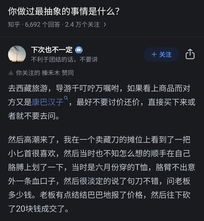 这是一张来自知乎平台的问答截图，核心问题为“你做过最抽象的事情是什么？”。用户“下次也不一定”分享了一段充满荒诞趣味的个人旅游经历：在西藏旅游时，导游提前提醒游客不要和康巴汉子讨价还价，而该用户在看上一把藏制小匕首后，突发奇想地用自己的胳膊试刀，在胳膊划出明显血口子后，淡定地询问老板价格，并成功砍下20元完成交易。该回答因行为的反差感和荒诞性契合“抽象”的提问，还获得了用户“榛禾木”的赞同，整体内容充满搞笑效果。