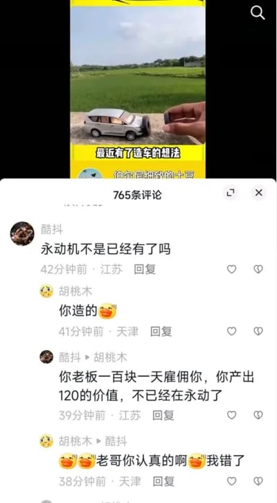 这是一张抖音平台的社交媒体截图，分为上下两部分：上半部分是短视频画面，背景是一片绿色田野，画面中有一辆银色玩具车，一只手拿着类似电池的物件对着玩具车，画面下方配有黄色底白字的文字“最近有了造车的想法”，视频作者水印为“偶尔不细致的土豆”；下半部分是该视频的评论区，显示共有765条评论，展示了用户“酷抖”和“胡桃木”的互动对话：“酷抖”先留言“永动机不是已经有了吗”，“胡桃木”回复反问“你造的😲”，随后“酷抖”用职场场景调侃回应“你老板一百块一天雇佣你，你产出120的价值，不已经在永动了”，“胡桃木”随即发送惊讶表情并回复“😲😲老哥你认真的啊😲我错了”。这段对话用职场中员工创造的价值高于薪资的现象，玩了“永动机”的梗，属于职场相关的搞笑调侃，内容直白，无谐音、双关等特殊梗。