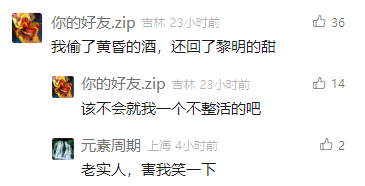 这是一张社交媒体评论区的屏幕截图，截图中展示了三条用户的互动评论。用户“你的好友.zip”先发布了一句带有文艺感的句子“我偷了黄昏的酒，还回了黎明的甜”，收获36个点赞；随后该用户又发布一条评论“该不会就我一个不整活的吧”，以调侃的语气打破之前的文艺氛围，收获14个点赞；用户“元素周期”则留言“老实人，害我笑一下”，用幽默的方式回应前两条评论的反差感，收获2个点赞。整个评论区互动充满轻松搞笑的氛围，体现了网友们的趣味交流。