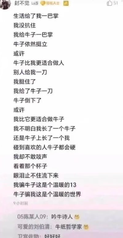 这是一段网友原创的自嘲式荒诞段子，以自己和身体部位‘牛子’的互动对比展开：生活的巴掌打垮自己，‘牛子’却依然挺立，自嘲‘牛子比我更适合做人’；当自己挨刀能挺住，给‘牛子’一刀它却倒下，又调侃‘我比它更适合做牛子’，进而疑惑自我与‘牛子’的主次关系，最后说到碰到喜欢的人‘牛子’有反应，自己却不敢出声，看着杯子流泪，用荒诞的黑色幽默抒发面对生活挫折的软弱、面对喜欢的人的怯懦与内心的自卑。
注：‘牛子’是北方方言对男性生殖器的称呼，属于低俗但用于自嘲的表述。