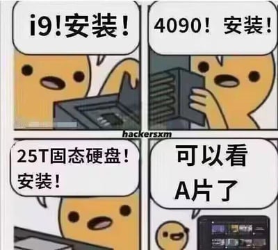 这是一张四格连环梗图，采用图文混排的带对白气泡形式呈现：
1. 第一格：黄色卡通小人激动地喊出“i9!安装！”，正在安装英特尔i9顶级处理器；
2. 第二格：小人继续兴奋地喊“4090！安装！”，安装英伟达RTX4090旗舰显卡；
3. 第三格：小人依旧亢奋地喊“25T固态硬盘！安装！”，加装超大容量的固态硬盘；
4. 第四格：画风突变，小人坐在组装完成的电脑前，露出满足的表情，配文“可以看A片了”。

整图通过前三格对顶级电脑硬件的高规格追求，与第四格极其接地气甚至“跑偏”的最终用途形成强烈反差，用夸张的方式调侃部分用户花费大量成本打造顶配电脑，最终用途却仅为观看成人影片的搞笑行为，没有双关、谐音梗等内容，完全依靠反差感制造笑点。