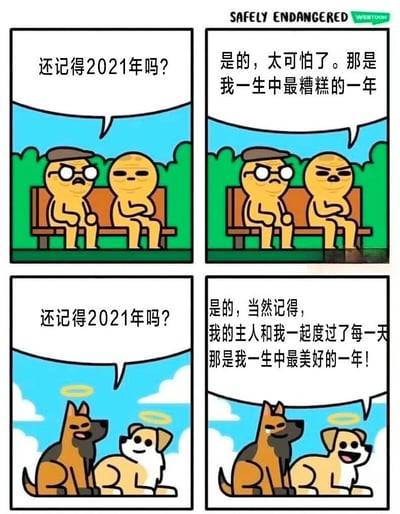 这是一幅四格漫画，通过人类和狗狗对2021年的不同回忆形成鲜明对比。上半部分两个黄色角色回忆2021年是"最糟糕的一年"，下半部分两只带有光环的狗狗则认为2021年是"最美好的一年"，因为主人陪伴了每一天。漫画用简单的画风和对话展现了不同视角下对同一年份的截然不同的感受。