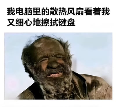 这是一张幽默梗图，上方配有文字“我电脑里的散热风扇看着我又细心地擦拭键盘”，下方是一张面部布满灰尘的老人特写照片。图片通过将电脑散热风扇拟人化，幽默地表现了一个常见的科技使用场景：用户细心清洁键盘等可见部件，却忽视了内部同样需要清洁的散热风扇。