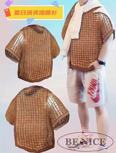 图片展示了一款名为“夏日清爽凉原衫”的创意服装产品。画面中包含两件棕色网格图案的短袖上衣产品图（正面视角）和一位真人模特上身效果：模特穿着该网格衫，内搭白色长袖，外披白色围巾，下身搭配带有红色Nike标志的白色短裤与运动鞋。背景为渐变蓝粉色调，顶部有黄色边框 banner，内书红色文字“夏日清爽凉原衫”，周围装饰蓝色纸飞机图案，底部中央有“BENICE”品牌标识。整体风格偏向夏日清凉产品宣传，设计独特。