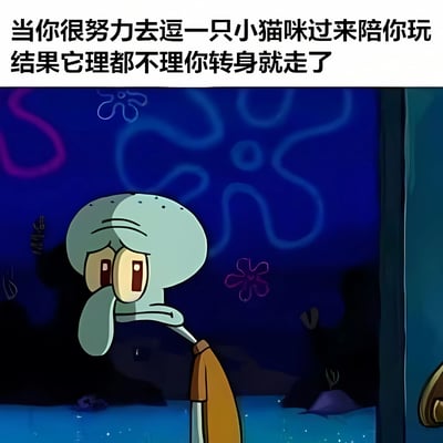 图片上方配有文字“当你很努力去逗一只小猫咪过来陪你玩 结果它理都不理你转身就走了”，下方是《海绵宝宝》动画中的角色章鱼哥，他呈现出低头、眼神黯淡、嘴角下撇的沮丧表情，背景为动画中常见的蓝色海底场景。文字内容描述了人们尝试与猫咪互动却被无视的日常挫败情景，而章鱼哥的失落神态则生动地呼应了这种情绪，形成幽默的共鸣。