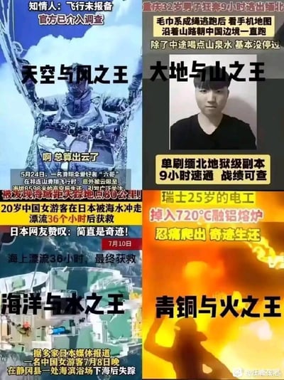 这是一张四格拼贴玩梗图，网友将四则真实的绝境奇迹生还事件，对应小说《龙族》中的「四大元素之王」设定进行趣味调侃：
1. 左上：滑翔伞爱好者「六哥」在祁连山滑翔时被云吸至高海拔后生还，被戏称为「天空与风之王」；
2. 右上：重庆32岁男子9小时狂奔逃出缅北，被调侃为「单刷缅北地狱级副本速通」，对应「大地与山之王」；
3. 左下：20岁中国女游客在日本海域漂流36小时后获救，对应「海洋与水之王」；
4. 右下：瑞士25岁电工掉入720℃铝熔炉后爬出生还，对应「青铜与火之王」。
整图用游戏「副本速通」的词汇增强玩梗趣味，将极端幸运的生还事件赋予奇幻设定的趣味包装。