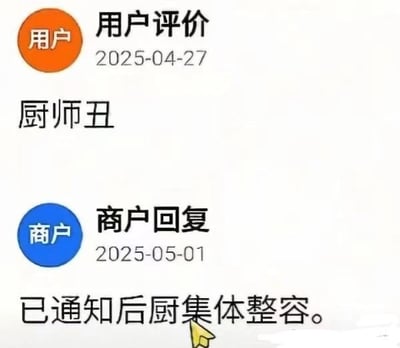 这是一张模仿外卖或点评平台的商家与顾客评价回复的恶搞梗图。用户评论吐槽“厨师丑”，商家一本正经地回复已通知后厨集体整容，制造出超现实且荒谬的幽默。图片利用了职场和客服常见的客诉场景，通过反差和夸张形成网络笑点，非常适合年轻人用来调侃或自嘲。