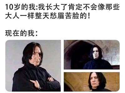 这是一张充满自嘲与共鸣感的网络梗图，采用上下对比的结构呈现内容。上方文字分为两部分，第一部分是“10岁的我:我长大了肯定不会像那些大人一样整天愁眉苦脸的!”，直白地表达了孩童时期对成年后能始终保持乐观状态的天真期许；第二部分是“现在的我：”，下方搭配了三张《哈利·波特》系列影视作品中西弗勒斯·斯内普教授的截图，斯内普在图中的神态均为眉头紧锁、神情严肃愁苦，完美对应了长大后被生活、工作等各类压力裹挟，最终变得愁眉苦脸的状态。整幅图通过童年期许与成年现实的强烈反差，用幽默的方式调侃成年人的无奈，极易引发同为成年人的网友共鸣。