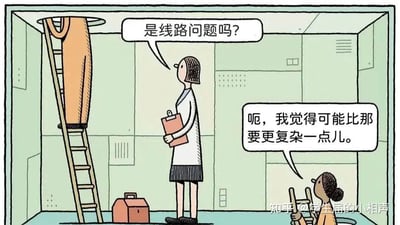 卡通风格插画描绘了一个室内场景：三人正在处理天花板问题。梯子上的人探入洞口问“是线路问题吗？”，手持剪贴板的站立者回应“呃，我觉得可能比那要更复杂一点儿。”，另有一人坐在小梯子上观察。画面通过对话展现了对问题复杂度的不同认知，场景轻松幽默。