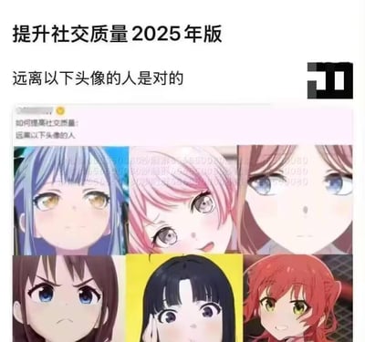 这是一张关于提升社交质量的2025年版搞笑梗图，顶部标题为“提升社交质量 2025 年版”，副标题“远离以下头像的人是对的”。下方展示了一个2x3网格的动漫风格头像，共6个不同发色和表情的女性动漫角色面部特写，头像上覆盖有重复的数字水印（如“555530080”）。图片通过幽默的方式调侃“以头像识人”的社交偏见，暗示避免与使用这类头像的人交往能提高社交质量。